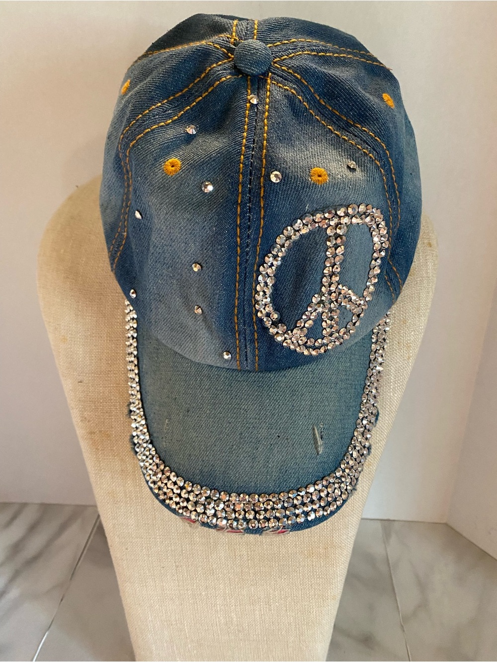 Denim Baseball Cap with Rhinestone Peace Sign - Blue